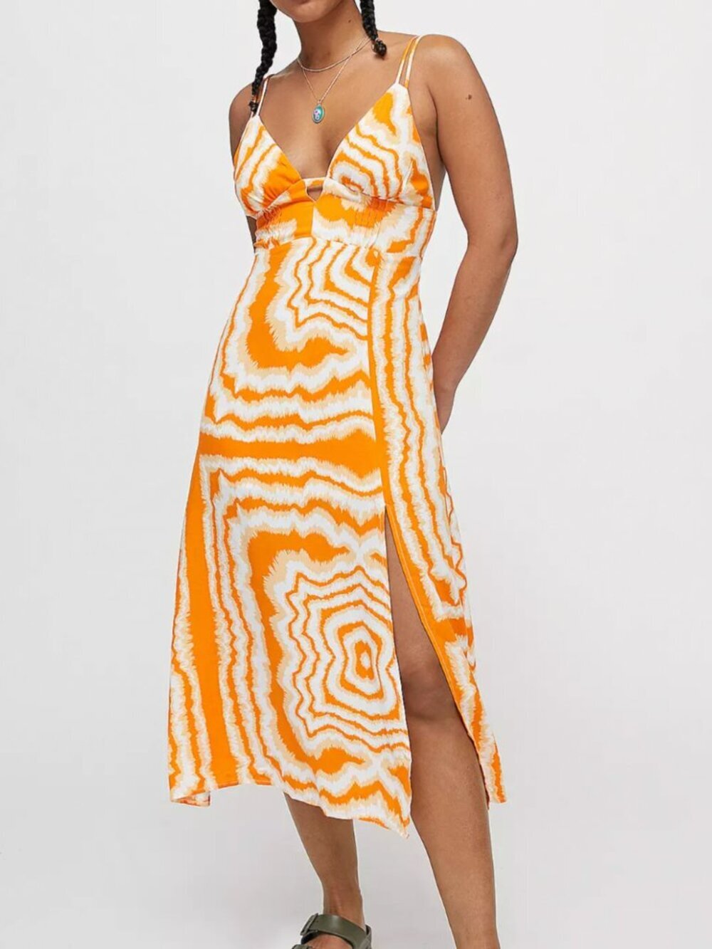 Urban Outfitters First Sight Plunging Midi Dress orange tiedye deep v-neck Sz XS